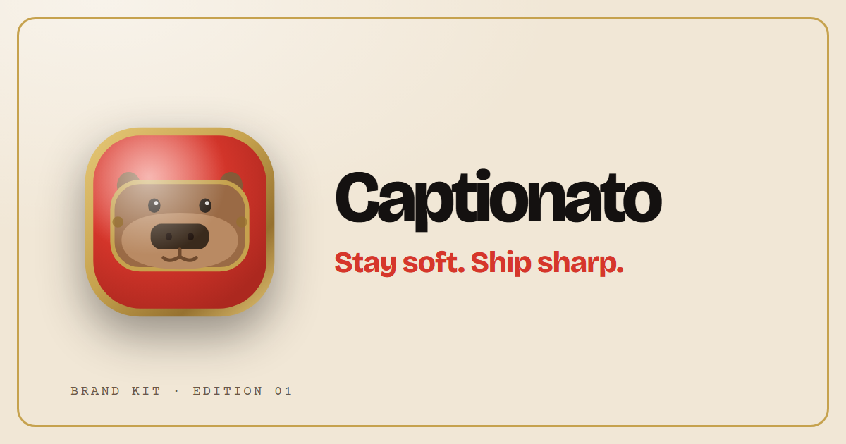 Captionato social share image: the capybara pin, the wordmark, and the motto