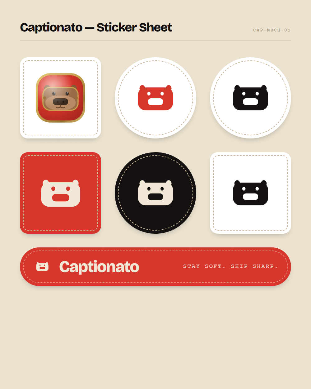 Captionato sticker sheet: the enamel pin, single-color marks, and a wordmark strip, drawn as die-cut stickers